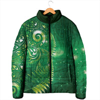 Aotearoa New Zealand New Year Padded Jacket Tribal Koru Tattoo Green Galaxy Maori Silver Fern