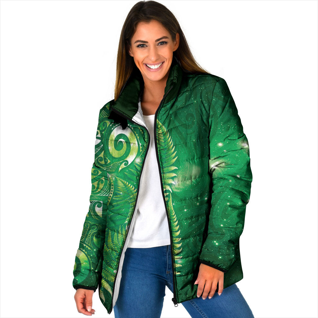 Aotearoa New Zealand New Year Padded Jacket Tribal Koru Tattoo Green Galaxy Maori Silver Fern