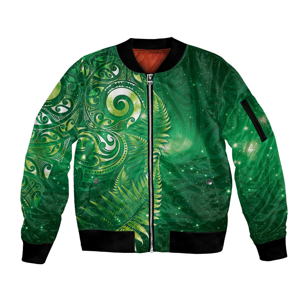 Aotearoa New Zealand New Year Sleeve Zip Bomber Jacket Tribal Koru Tattoo Green Galaxy Maori Silver Fern