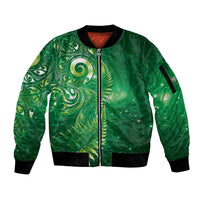 Aotearoa New Zealand New Year Sleeve Zip Bomber Jacket Tribal Koru Tattoo Green Galaxy Maori Silver Fern