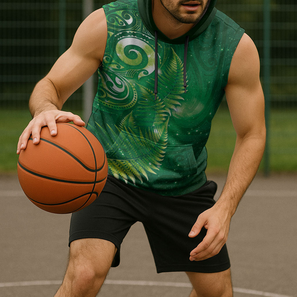 Aotearoa New Zealand New Year Sleeveless Hoodie Tribal Koru Tattoo Green Galaxy Maori Silver Fern