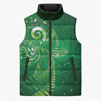 Aotearoa New Zealand New Year Sleeveless Puffer Jacket Tribal Koru Tattoo Green Galaxy Maori Silver Fern