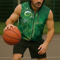 Aotearoa New Zealand New Year Sleeveless Zip Hoodie Tribal Koru Tattoo Green Galaxy Maori Silver Fern