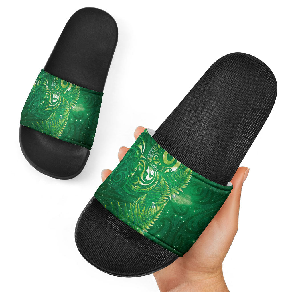 Aotearoa New Zealand New Year Slide Sandals Tribal Koru Tattoo Green Galaxy Maori Silver Fern