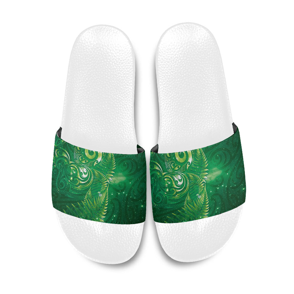 Aotearoa New Zealand New Year Slide Sandals Tribal Koru Tattoo Green Galaxy Maori Silver Fern