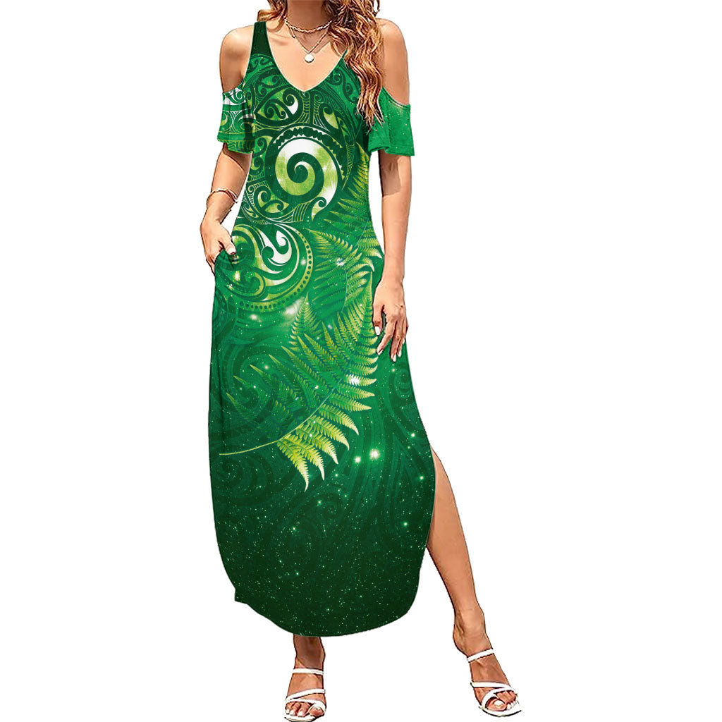 Aotearoa New Zealand New Year Summer Maxi Dress Tribal Koru Tattoo Green Galaxy Maori Silver Fern