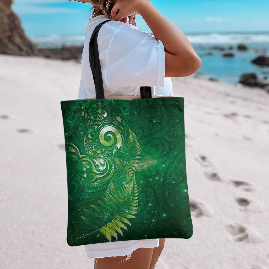 Aotearoa New Zealand New Year Tote Bag Tribal Koru Tattoo Green Galaxy Maori Silver Fern