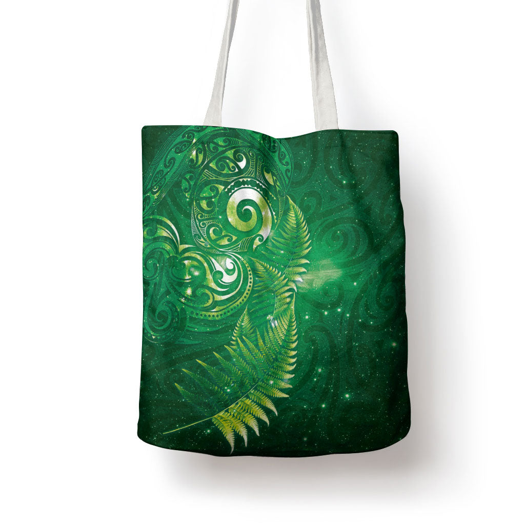 Aotearoa New Zealand New Year Tote Bag Tribal Koru Tattoo Green Galaxy Maori Silver Fern
