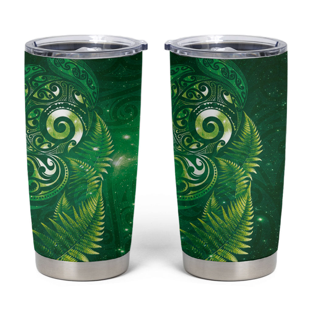 Aotearoa New Zealand New Year Tumbler Cup Tribal Koru Tattoo Green Galaxy Maori Silver Fern
