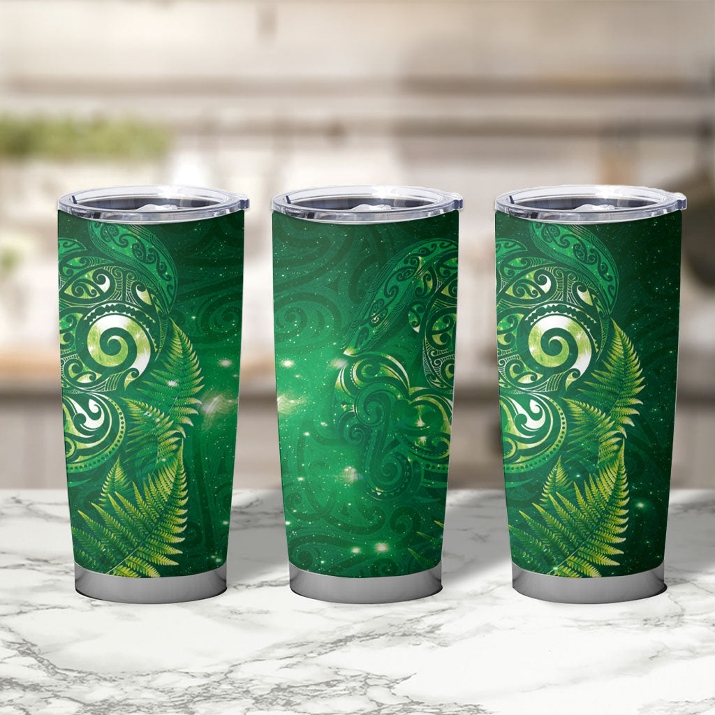 Aotearoa New Zealand New Year Tumbler Cup Tribal Koru Tattoo Green Galaxy Maori Silver Fern