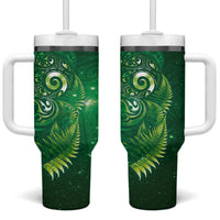 Aotearoa New Zealand New Year Tumbler With Handle Tribal Koru Tattoo Green Galaxy Maori Silver Fern