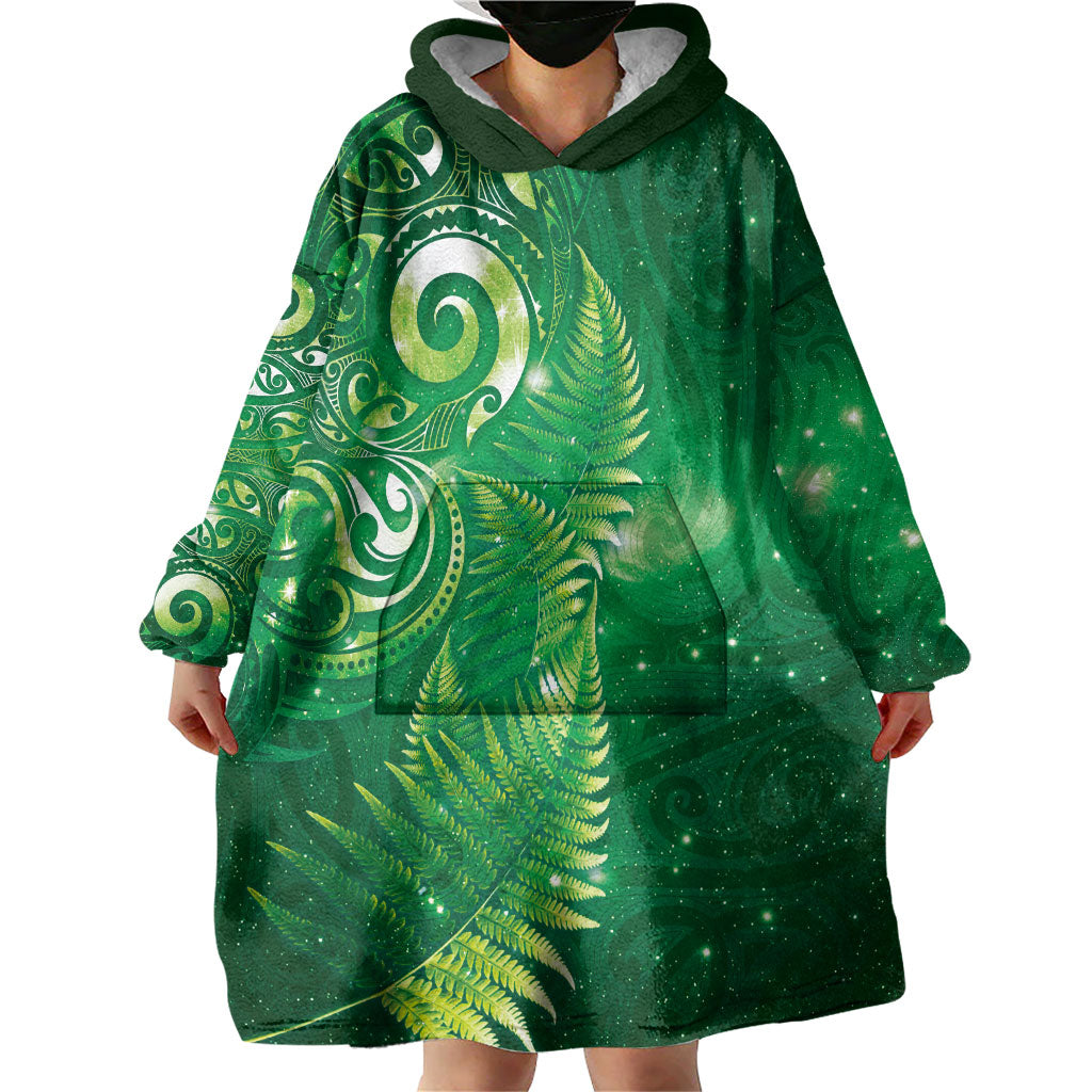 Aotearoa New Zealand New Year Wearable Blanket Hoodie Tribal Koru Tattoo Green Galaxy Maori Silver Fern