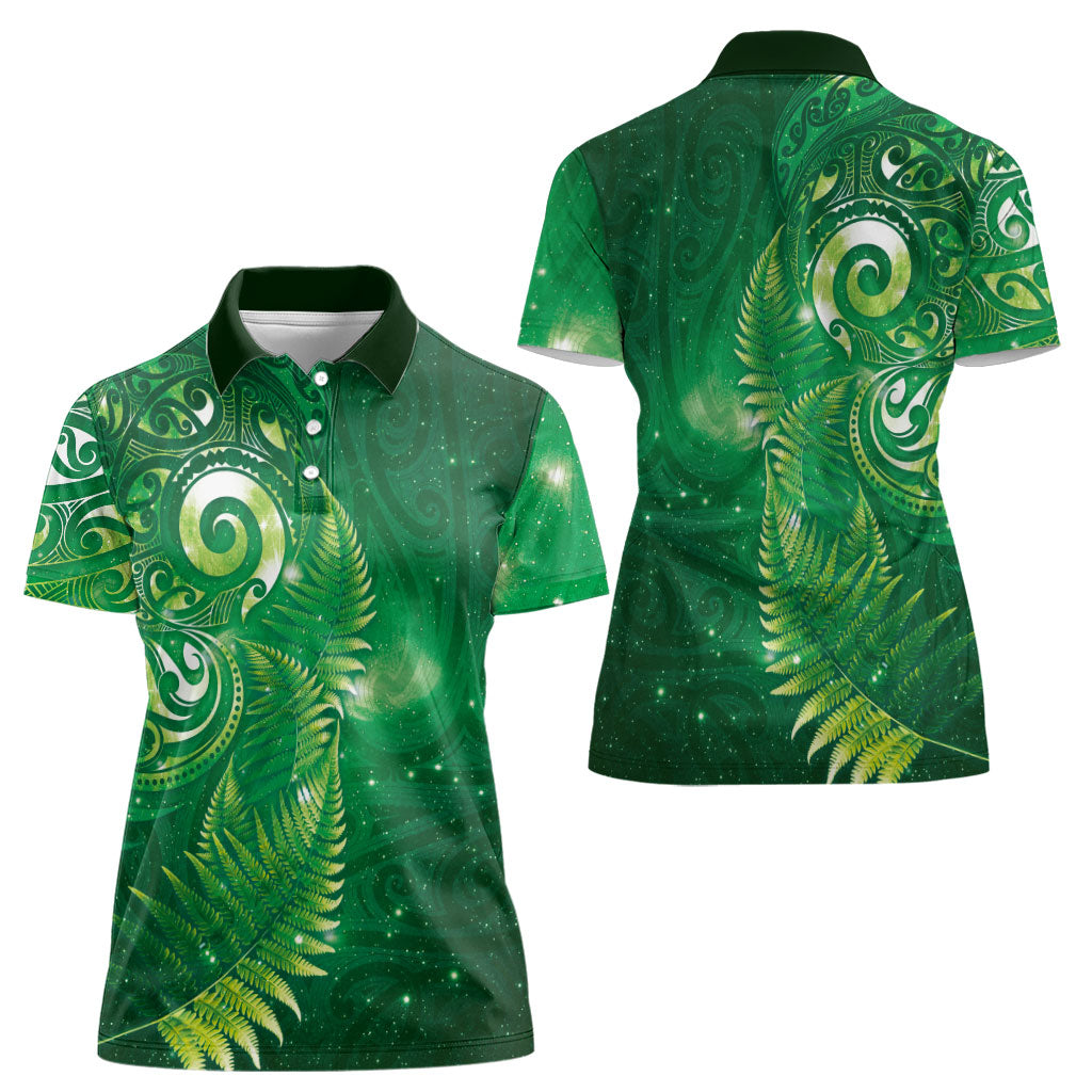Aotearoa New Zealand New Year Women Polo Shirt Tribal Koru Tattoo Green Galaxy Maori Silver Fern