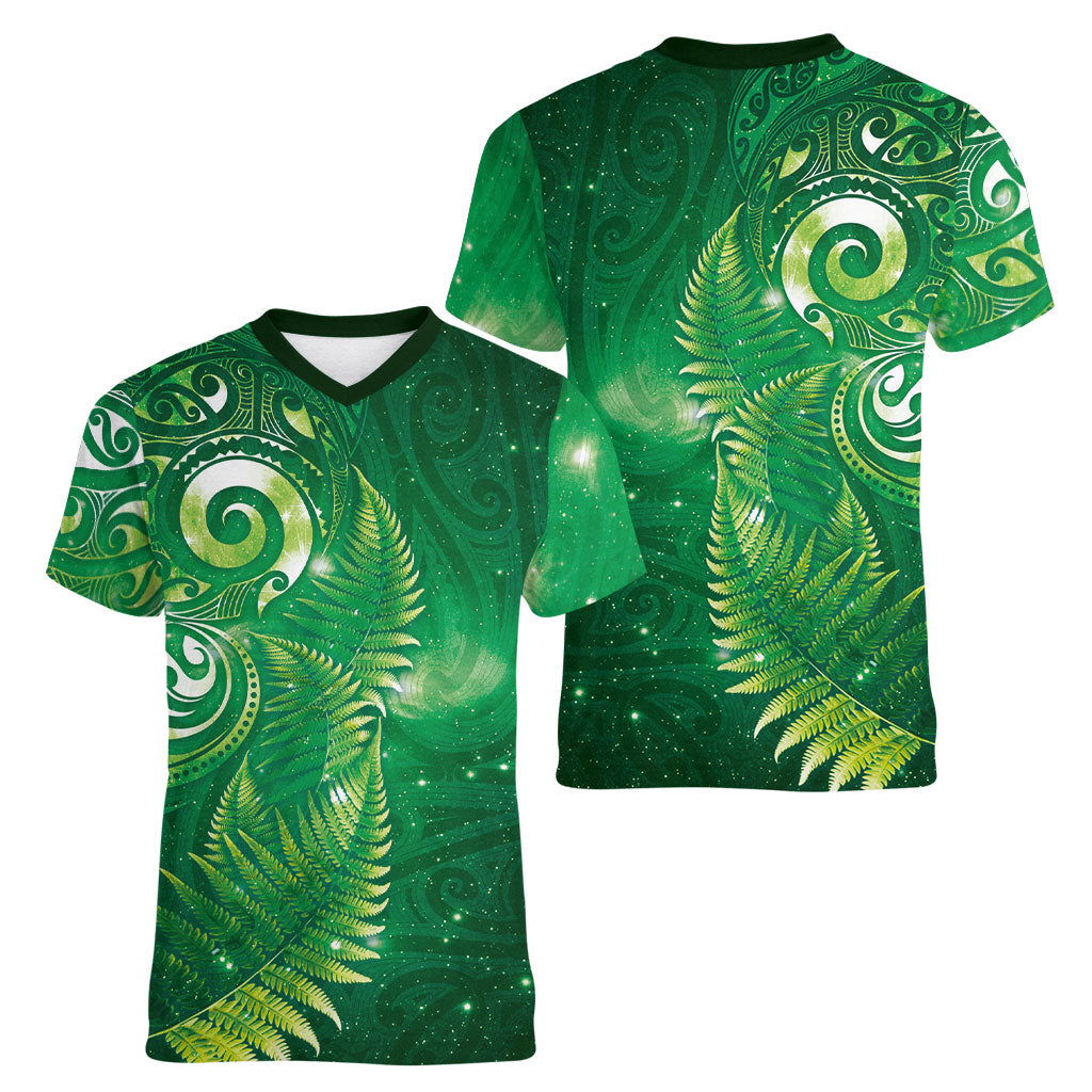 Aotearoa New Zealand New Year Women V-Neck T-Shirt Tribal Koru Tattoo Green Galaxy Maori Silver Fern