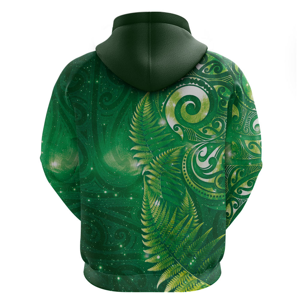 Aotearoa New Zealand New Year Zip Hoodie Tribal Koru Tattoo Green Galaxy Maori Silver Fern