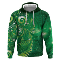 Aotearoa New Zealand New Year Zip Hoodie Tribal Koru Tattoo Green Galaxy Maori Silver Fern