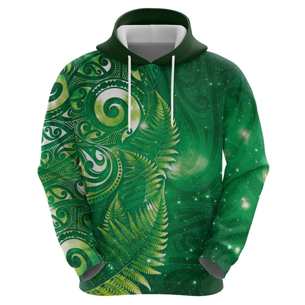 Aotearoa New Zealand New Year Zip Hoodie Tribal Koru Tattoo Green Galaxy Maori Silver Fern