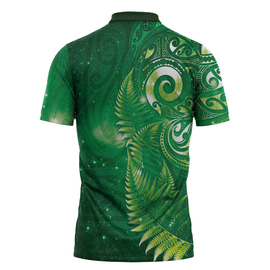 Aotearoa New Zealand New Year Zipper Polo Shirt Tribal Koru Tattoo Green Galaxy Maori Silver Fern