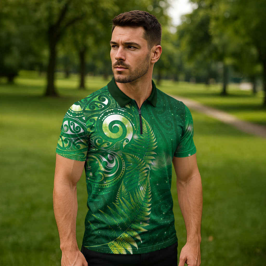 Aotearoa New Zealand New Year Zipper Polo Shirt Tribal Koru Tattoo Green Galaxy Maori Silver Fern