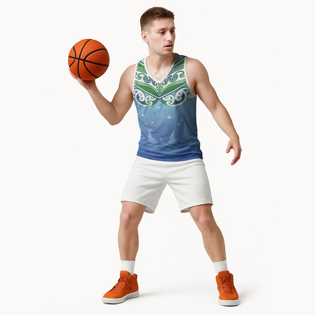 Aotearoa New Zealand New Year Basketball Jersey Maori Motifs with Silver Fern and Matariki Stars