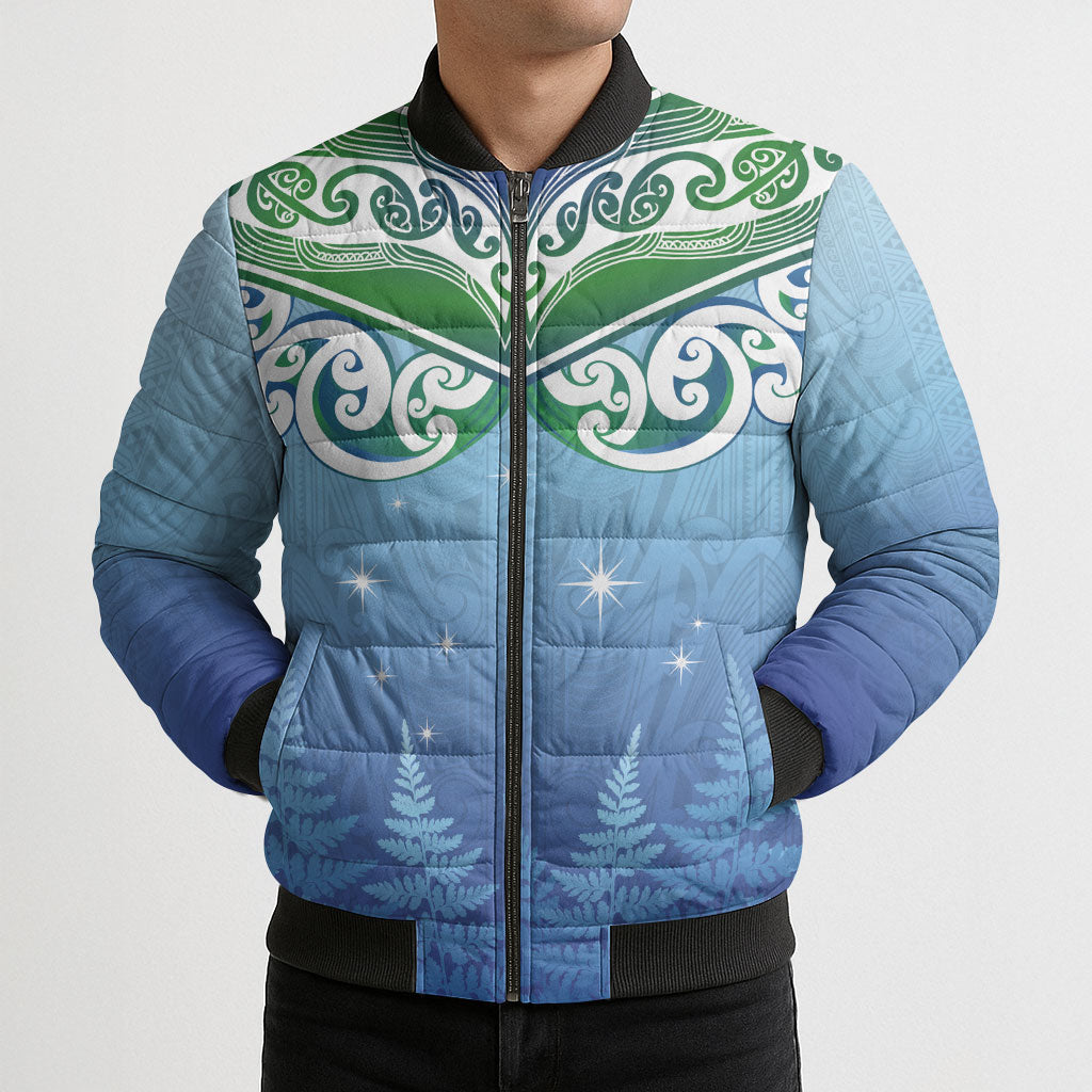 Aotearoa New Zealand New Year Bomber Puffer Jacket Maori Motifs with Silver Fern and Matariki Stars