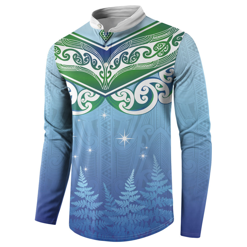 Aotearoa New Zealand New Year Button Sweatshirt Maori Motifs with Silver Fern and Matariki Stars