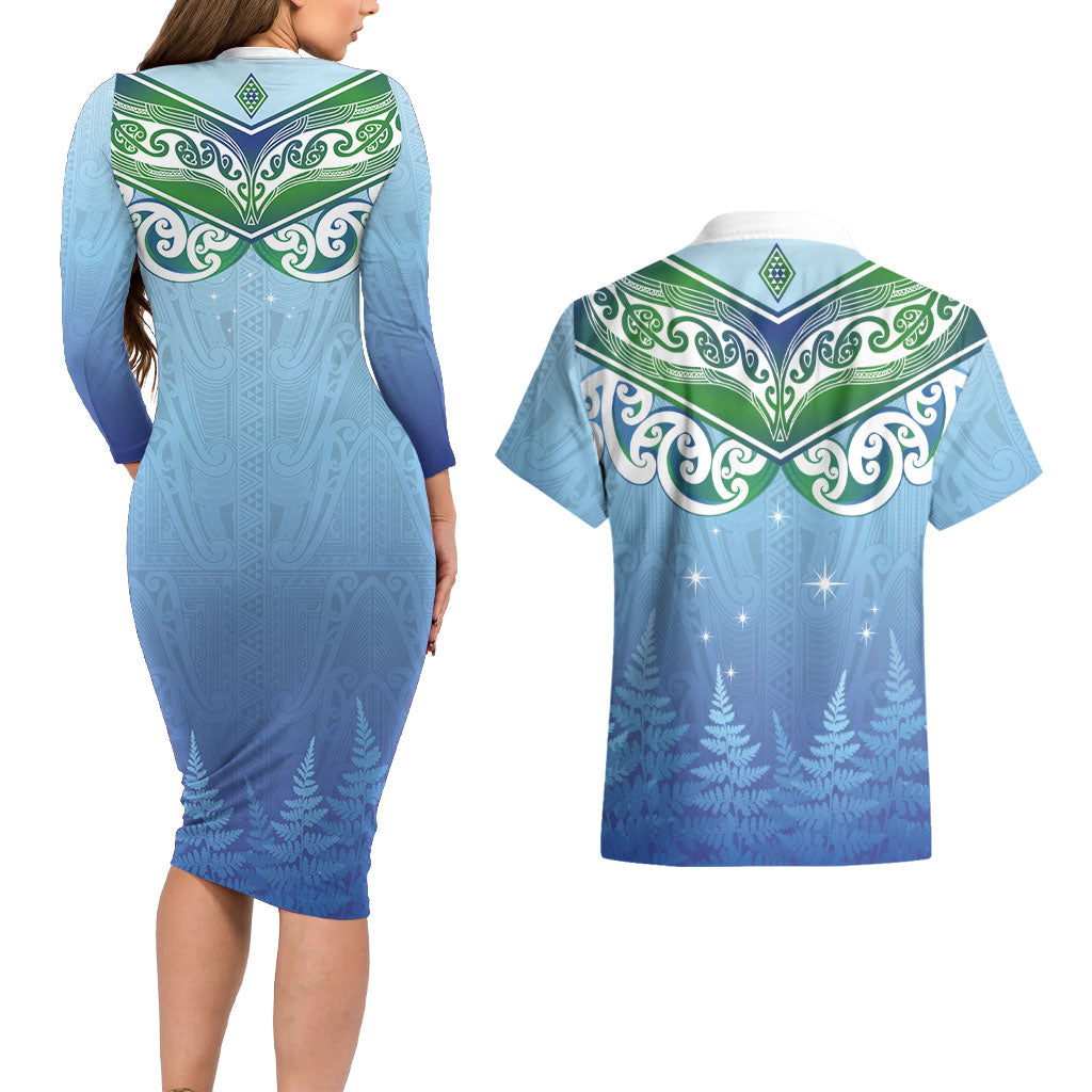 Aotearoa New Zealand New Year Couples Matching Long Sleeve Bodycon Dress and Hawaiian Shirt Maori Motifs with Silver Fern and Matariki Stars LT03 - Polynesian Pride