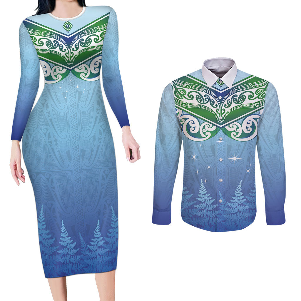Aotearoa New Zealand New Year Couples Matching Long Sleeve Bodycon Dress and Long Sleeve Button Shirt Maori Motifs with Silver Fern and Matariki Stars