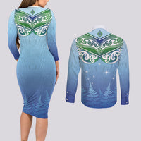 Aotearoa New Zealand New Year Couples Matching Long Sleeve Bodycon Dress and Long Sleeve Button Shirt Maori Motifs with Silver Fern and Matariki Stars
