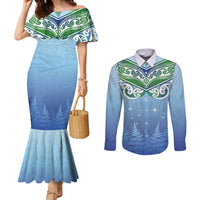 Aotearoa New Zealand New Year Couples Matching Mermaid Dress and Long Sleeve Button Shirt Maori Motifs with Silver Fern and Matariki Stars