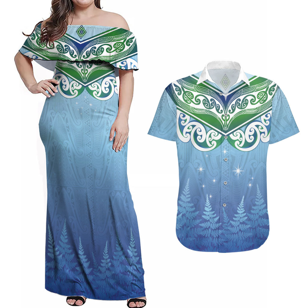 Aotearoa New Zealand New Year Couples Matching Off Shoulder Maxi Dress and Hawaiian Shirt Maori Motifs with Silver Fern and Matariki Stars