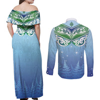Aotearoa New Zealand New Year Couples Matching Off Shoulder Maxi Dress and Long Sleeve Button Shirt Maori Motifs with Silver Fern and Matariki Stars