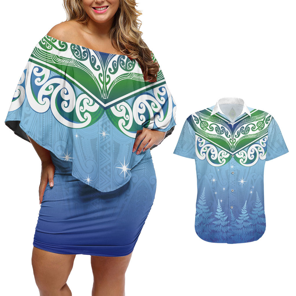 Aotearoa New Zealand New Year Couples Matching Off Shoulder Short Dress and Hawaiian Shirt Maori Motifs with Silver Fern and Matariki Stars LT03 Multicolor - Polynesian Pride
