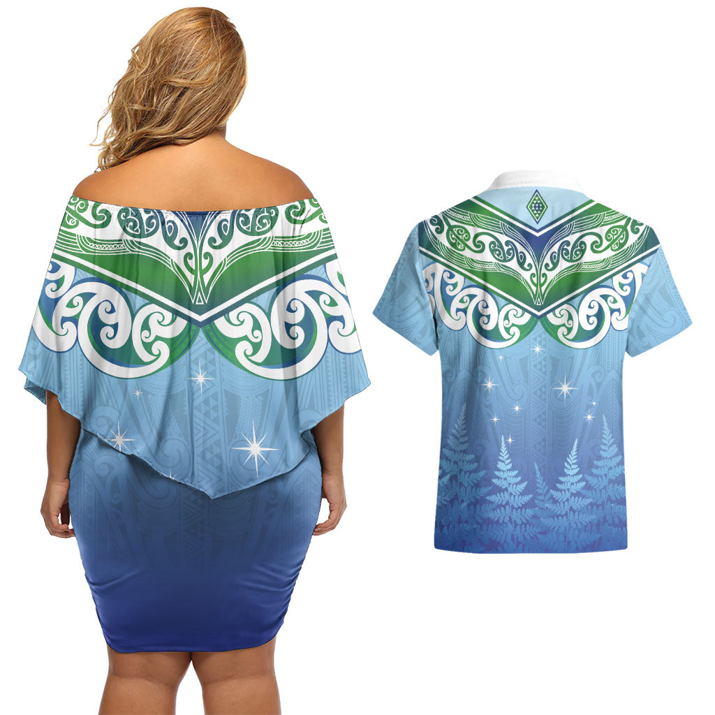 Aotearoa New Zealand New Year Couples Matching Off Shoulder Short Dress and Hawaiian Shirt Maori Motifs with Silver Fern and Matariki Stars LT03 - Polynesian Pride