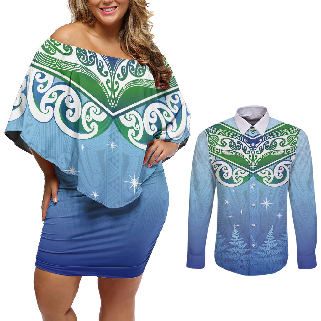 Aotearoa New Zealand New Year Couples Matching Off Shoulder Short Dress and Long Sleeve Button Shirt Maori Motifs with Silver Fern and Matariki Stars