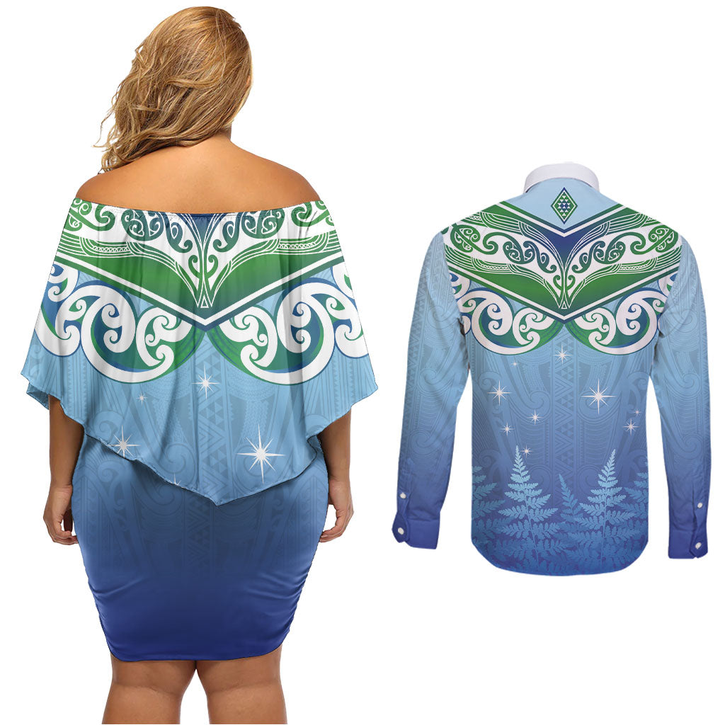Aotearoa New Zealand New Year Couples Matching Off Shoulder Short Dress and Long Sleeve Button Shirt Maori Motifs with Silver Fern and Matariki Stars