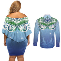 Aotearoa New Zealand New Year Couples Matching Off Shoulder Short Dress and Long Sleeve Button Shirt Maori Motifs with Silver Fern and Matariki Stars