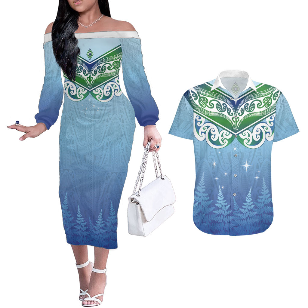 Aotearoa New Zealand New Year Couples Matching Off The Shoulder Long Sleeve Dress and Hawaiian Shirt Maori Motifs with Silver Fern and Matariki Stars