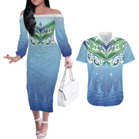 Aotearoa New Zealand New Year Couples Matching Off The Shoulder Long Sleeve Dress and Hawaiian Shirt Maori Motifs with Silver Fern and Matariki Stars LT03 Multicolor - Polynesian Pride