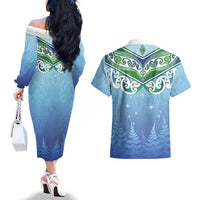 Aotearoa New Zealand New Year Couples Matching Off The Shoulder Long Sleeve Dress and Hawaiian Shirt Maori Motifs with Silver Fern and Matariki Stars LT03 - Polynesian Pride