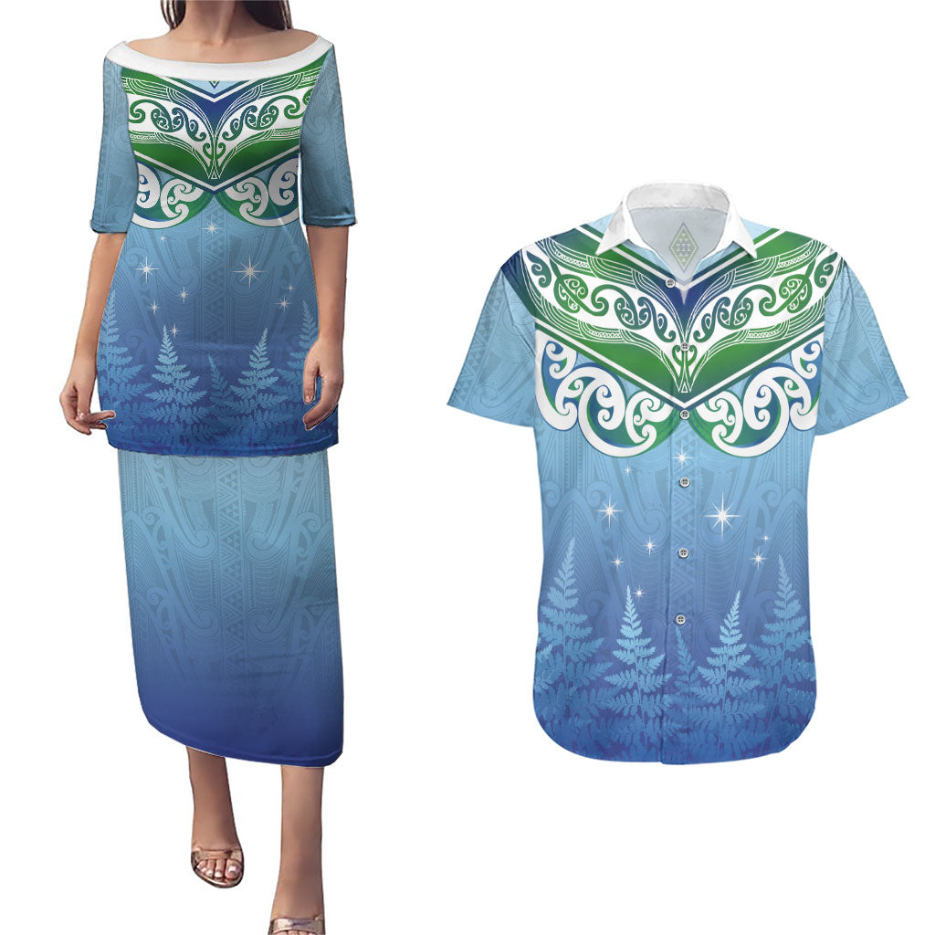 Aotearoa New Zealand New Year Couples Matching Puletasi and Hawaiian Shirt Maori Motifs with Silver Fern and Matariki Stars