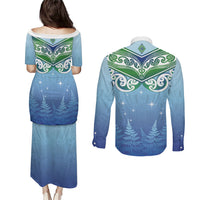 Aotearoa New Zealand New Year Couples Matching Puletasi and Long Sleeve Button Shirt Maori Motifs with Silver Fern and Matariki Stars