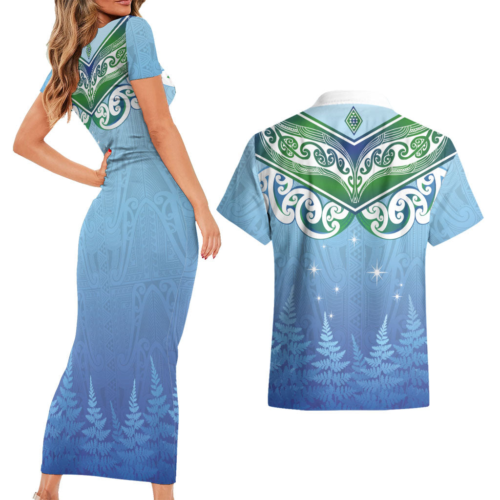 Aotearoa New Zealand New Year Couples Matching Short Sleeve Bodycon Dress and Hawaiian Shirt Maori Motifs with Silver Fern and Matariki Stars