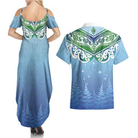Aotearoa New Zealand New Year Couples Matching Summer Maxi Dress and Hawaiian Shirt Maori Motifs with Silver Fern and Matariki Stars