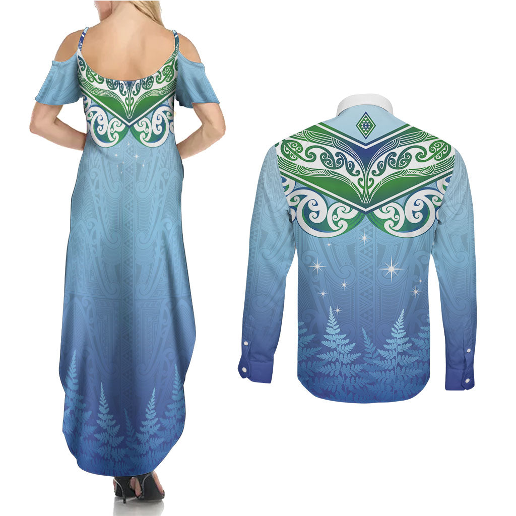 Aotearoa New Zealand New Year Couples Matching Summer Maxi Dress and Long Sleeve Button Shirt Maori Motifs with Silver Fern and Matariki Stars