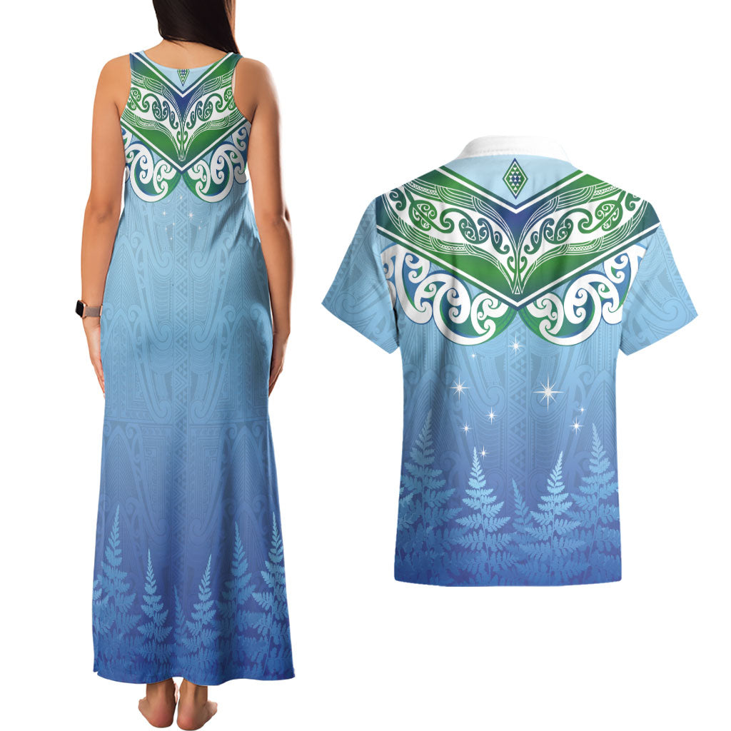 Aotearoa New Zealand New Year Couples Matching Tank Maxi Dress and Hawaiian Shirt Maori Motifs with Silver Fern and Matariki Stars