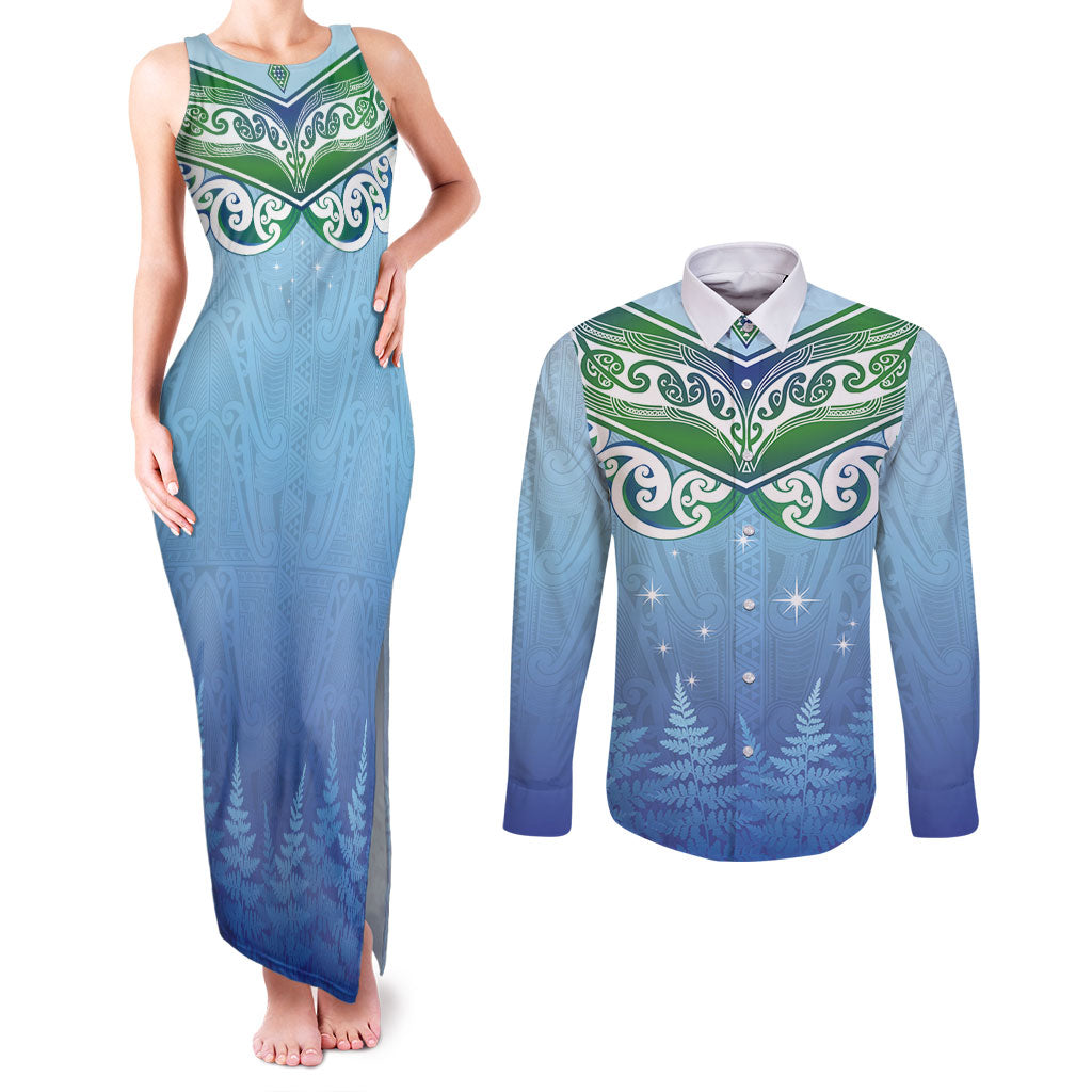 Aotearoa New Zealand New Year Couples Matching Tank Maxi Dress and Long Sleeve Button Shirt Maori Motifs with Silver Fern and Matariki Stars