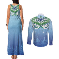 Aotearoa New Zealand New Year Couples Matching Tank Maxi Dress and Long Sleeve Button Shirt Maori Motifs with Silver Fern and Matariki Stars