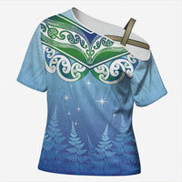 Aotearoa New Zealand New Year Cross Shoulder Shirt Maori Motifs with Silver Fern and Matariki Stars