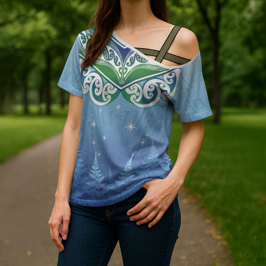 Aotearoa New Zealand New Year Cross Shoulder Shirt Maori Motifs with Silver Fern and Matariki Stars